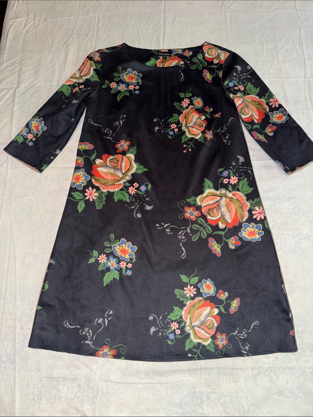 Dor Dor Couture Floral Print Shift Dress Medium 3/4 Sleeve Raw Hem Grey Black